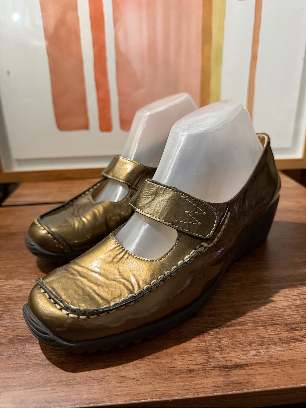Wolky Bronze Metallic Patent Leather Mary Jane Wedge Sz 39 Comfort Shoes